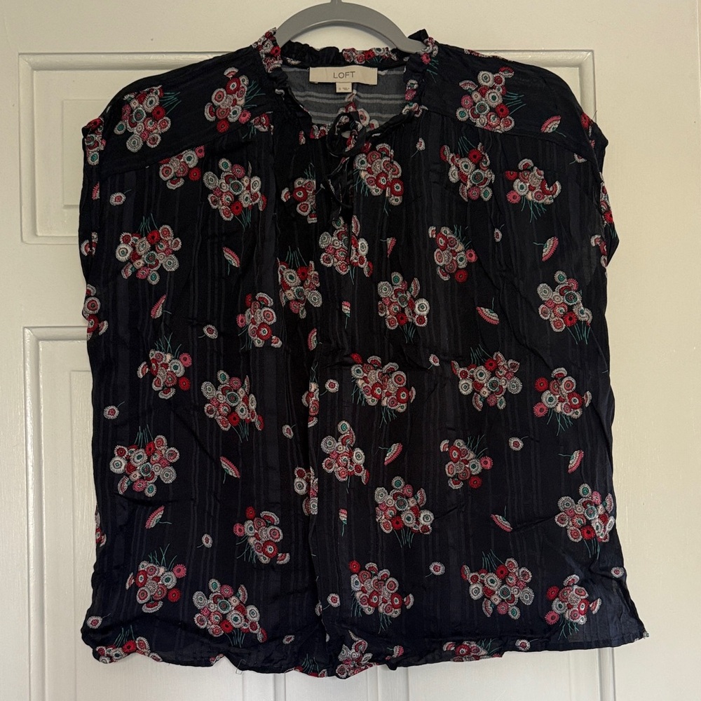 LOFT Navy and Red Floral Blouse